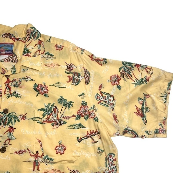 Vintage Joe Kealoha Yellow Hawaiian Shirt Tropical Fish Hula Spellout Sz XL - Picture 4 of 9